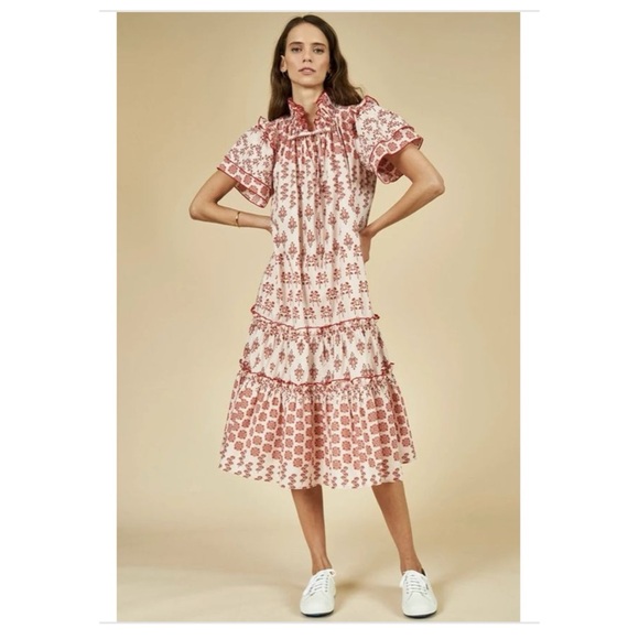 Hunter Bell Matthews Cotton Midi Dress sz: L Red White Ruffle Boho